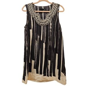 100% Silk Abstract Print Sleeveless Tunic Top with Beaded Neckline Large